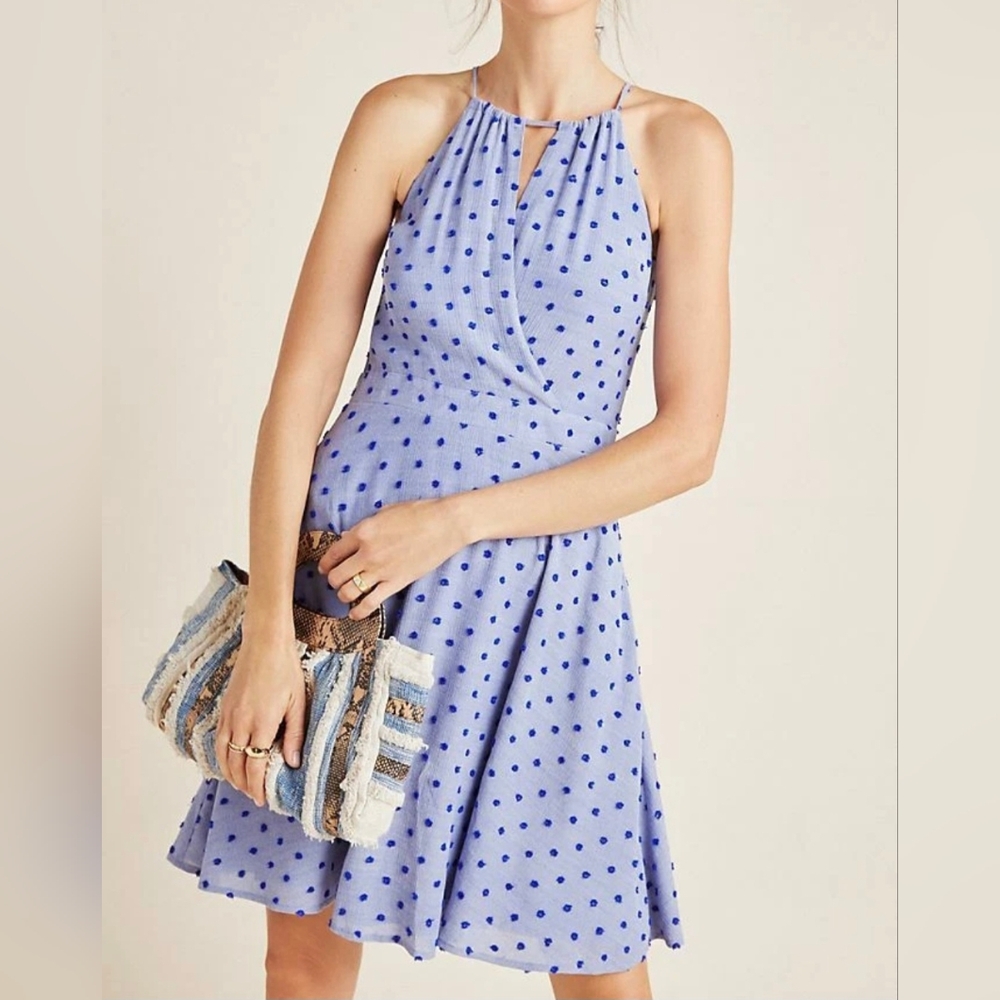 Anthro|Sunday In Brooklyn Sun Dress Naya Blue Polka Dot Halter Sleeveless Size M